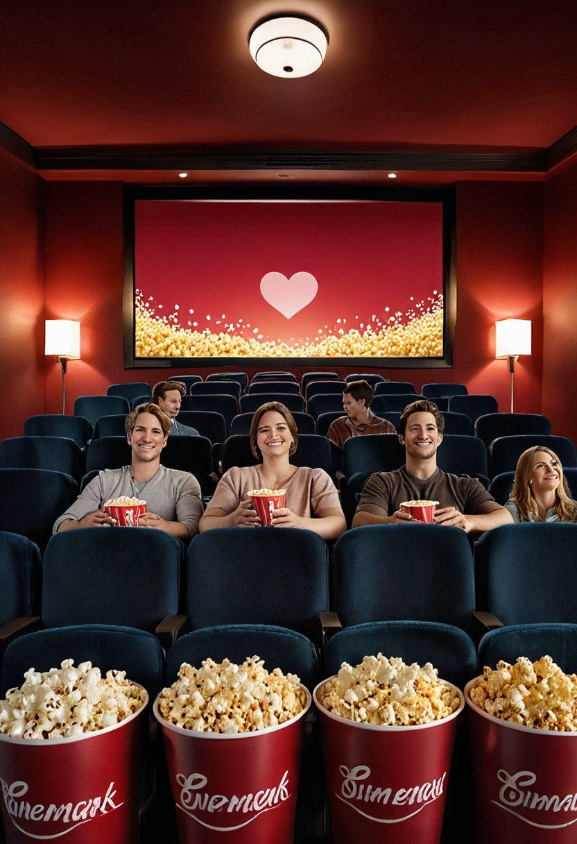 A cozy movie theater filled with couples enjoying a romantic film, soft warm lighting creating an intimate atmosphere. In the foreground, a Cinemark logo subtly referenced to signify assurance and coverage. Large screens displaying iconic love scenes from classic movies, with patrons happily sharing popcorn. A heart motif subtly integrated into the movie screen edges. vibrant colors. super-realistic.