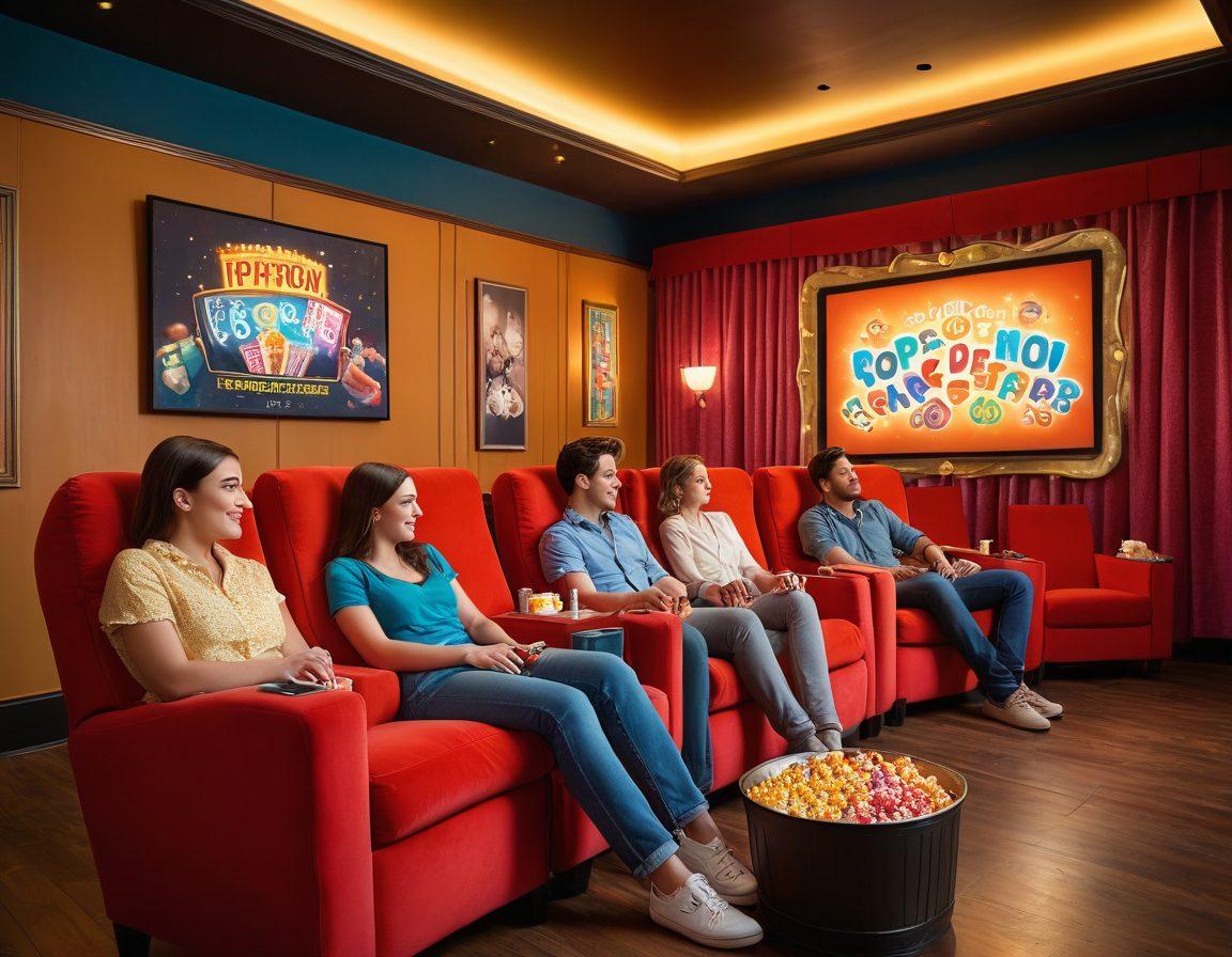 A captivating cinema scene featuring a diverse group of friends enjoying a movie in a luxurious theater, with oversized plush chairs and a giant screen. The ambiance should be warm and inviting, with soft, ambient lighting and popcorn buckets filled with colorful candies. Include elements like film reels, vintage posters on the walls, and a magical glowing aura to symbolize enhanced enjoyment. super-realistic. vibrant colors. 3D.