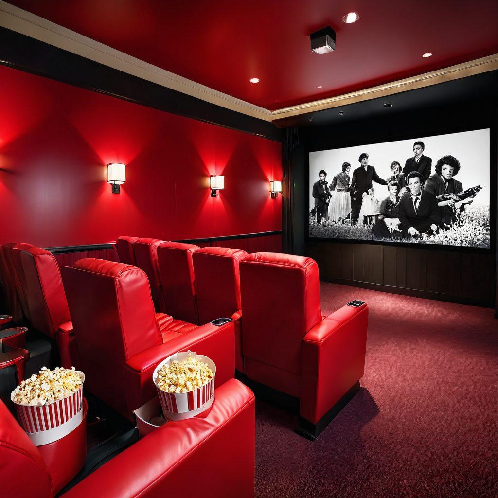 A cozy, inviting cinema interior showcasing plush red seats and a giant screen displaying a classic film. Include film reels and popcorn artfully arranged in the foreground, with a soft glow from the stage lights creating a warm ambiance. Capture a sense of nostalgia and excitement, reflecting a film lover's dream experience. vibrant colors. 3D. cinematic style.